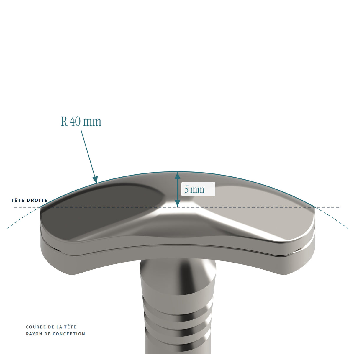 Tête du rasoir Intime vue de face : sa courbe suit un arc de rayon 40 mm, qui avance de 6 mm en son milieu par rapport à la ligne d’une tête droite. Image de synthèse tirée du plan de fabrication.