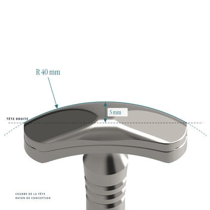 Tête du rasoir Intime vue de face : sa courbe suit un arc de rayon 40 mm, qui avance de 6 mm en son milieu par rapport à la ligne d’une tête droite. Image de synthèse tirée du plan de fabrication.